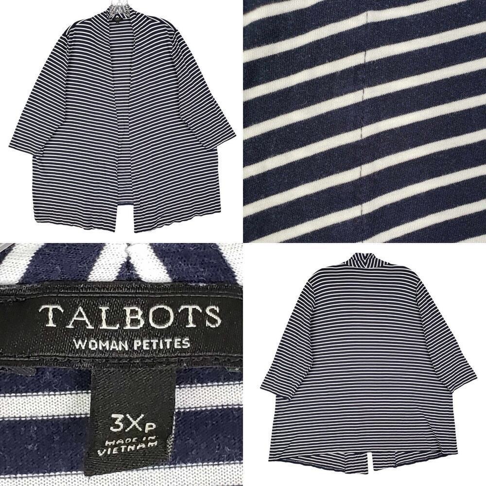 Talbots Cardigan Sweater Terry Knit Blue White Womens Plus Size 3XP Open Front